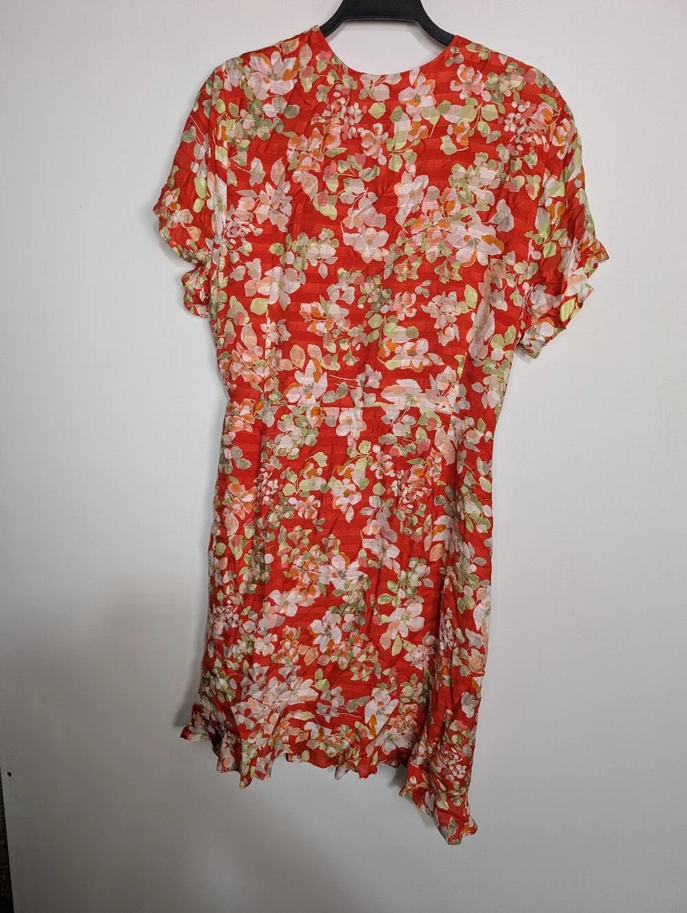J. Jill Red Floral Wrap Summer Tropical Vacation Trip Ruffle Dress Size Large - Picture 7 of 11